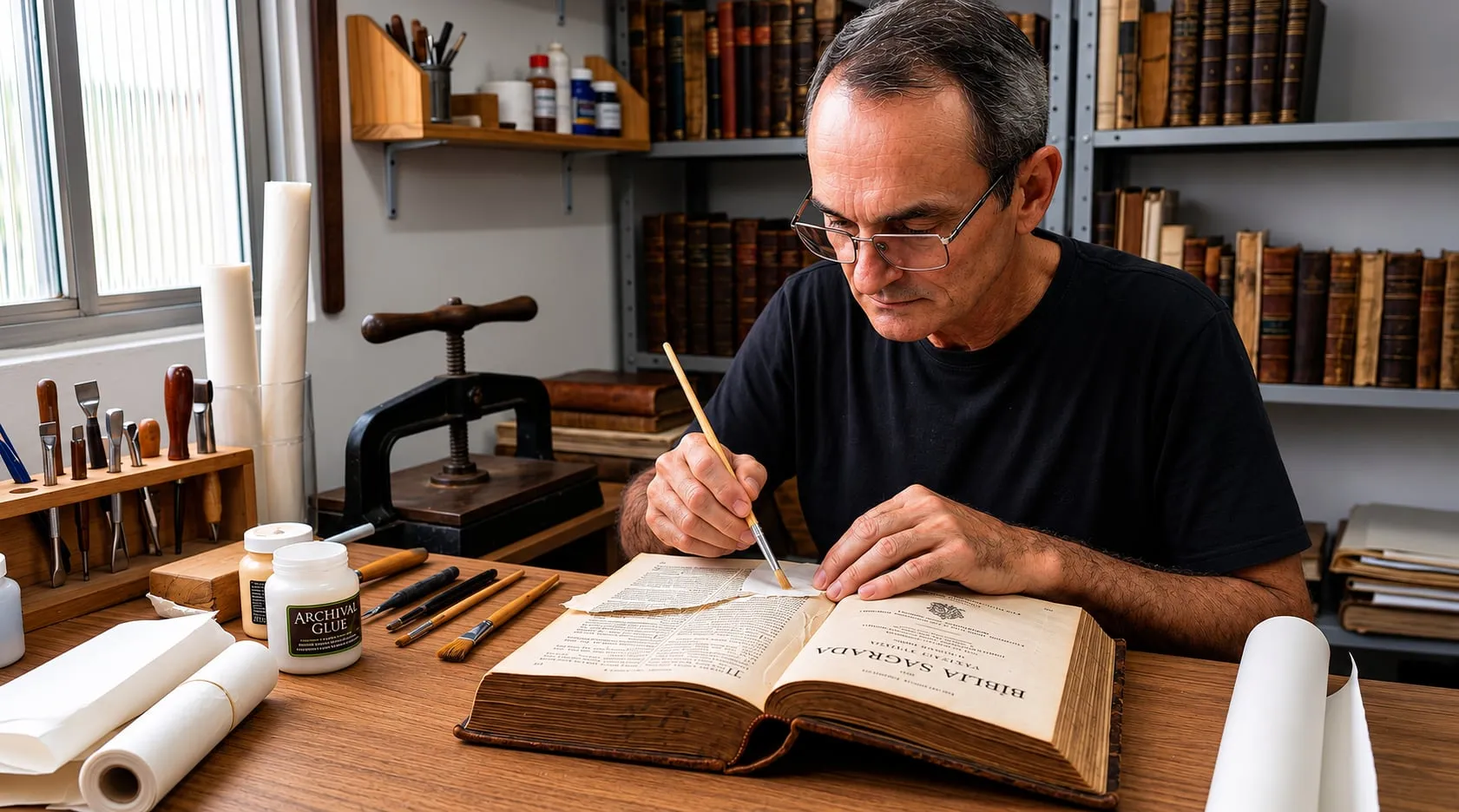 Ivo Onofre restaurando uma Bíblia no ateliê CathIvo Restauro